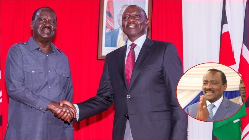 President William Ruto shakes hands with forme prime minister Raila Odinga. Inset: Kalonzo Musyoka.